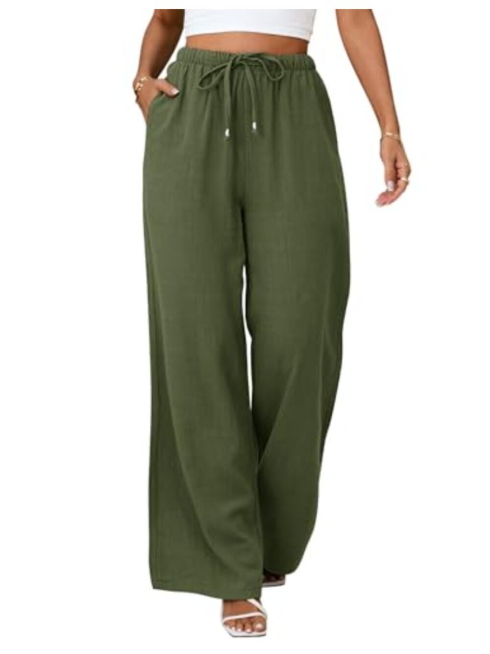 Womens Linen Palazzo Pants Wide Leg High Waisted Flowy Summer Lounge Trousers